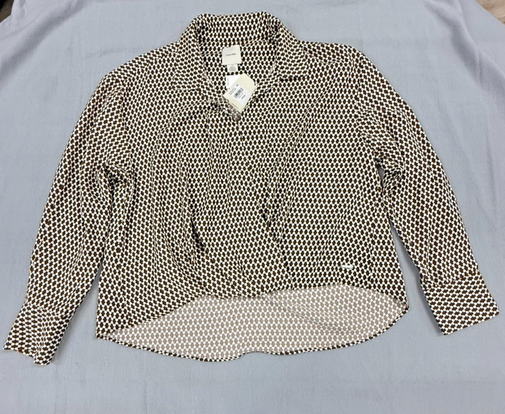Calvin Klein Top Womens Large Brown White Geometric Faux Wrap Blouse Preppy NWT